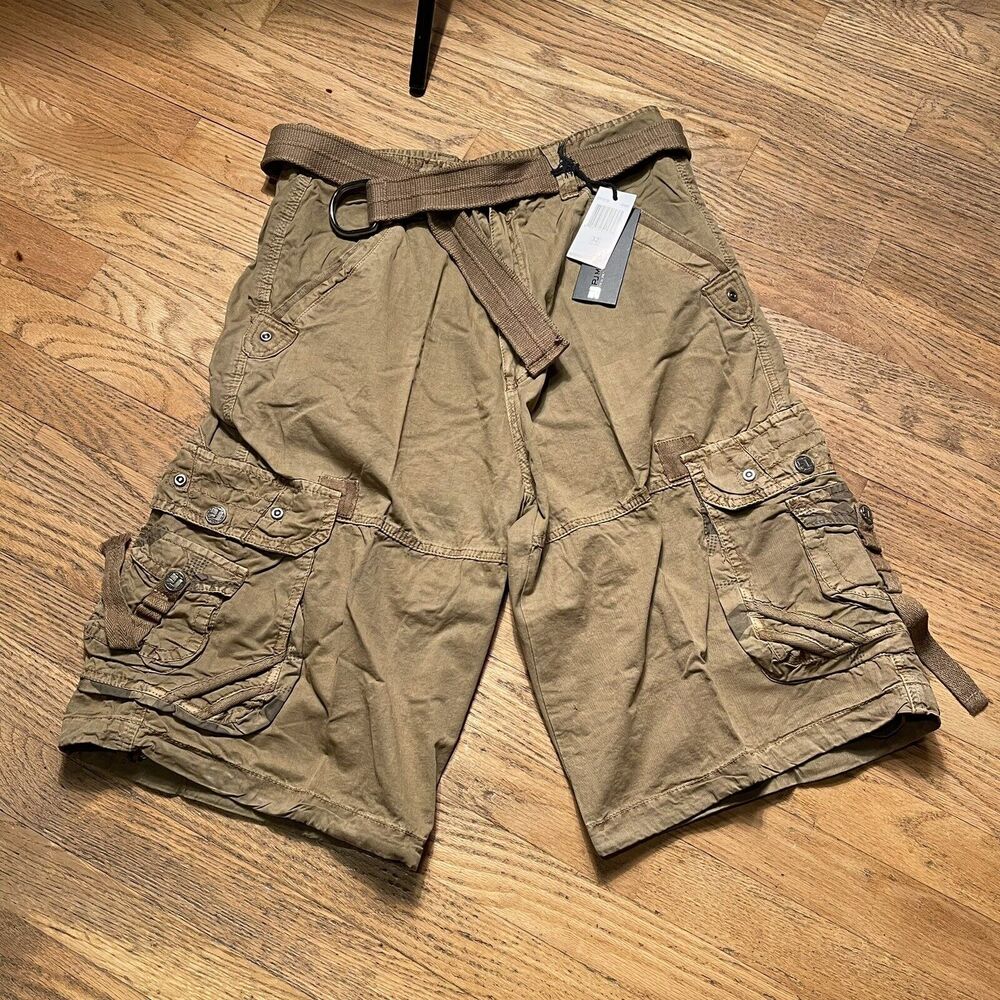 PJ Mark Sz Men's Lightweight Dark Khaki Wide Leg Cargo Shorts with Belt 32 Y2K